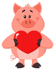 Cute Pig Cartoon Character Holding A Valentine Love Heart. Vector Illustration Flat Design Isolated On White Background
