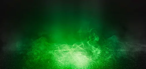 Foto op Plexiglas Achtergrond van lege scène met betonnen vloer, neonlichten en rook. Achtergrond trendkleur ufo groen © Laura Сrazy