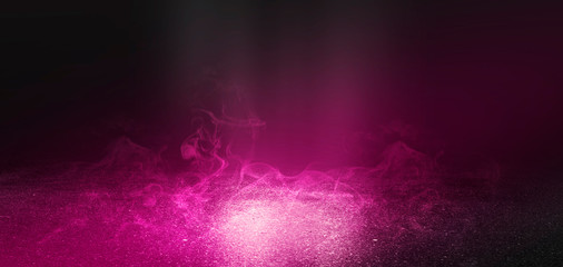 Background of empty scene with concrete floor, neon lights and smoke. Background trend color...