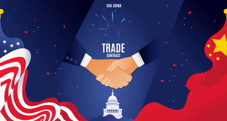 Vector flat China and USA trade war concept. Business global exchange tariff international economy. Chinese USA flag illustration.container transportation on ships with goods Design modern poster.