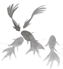 Painting with fish in the Japanese style, made in the ink.