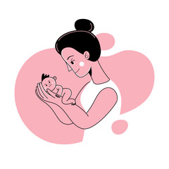 Vector illustration in trendy flat linear style - happy mother and child