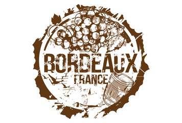 Old wood barrel and a bunch of grapes. Bordeaux, France. Emblem for the region of Bordeaux. Hand drawn illustration.