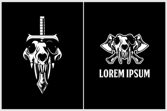 wolf skull with cross axe and sword vector logo template