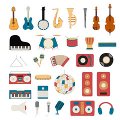 Set of musical instruments. Music shop or school concept. Vector isolated illustration. Disco ball. Cello, guitar, saxophone and violin for country festival or jazz fest.