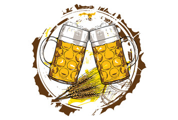 Barrel, barley and beer glasses. Beer concept. Hand drawn illustration.