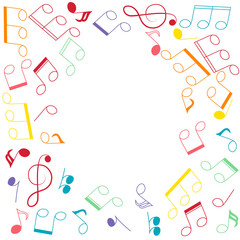 Musical note and clef colorful frame. Music border. Orchestra background. Vector isolated element.