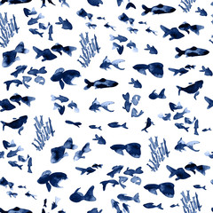 Fototapeta na wymiar Abstract Watercolor doodle fishes painted in blue and grey watercolor on bright isolated background. Seamless pattern.