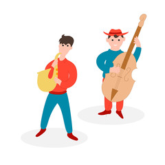 Blues music band. Jazz musical festival. Vector isolated illustration. Saxophonist musician. Cello player.