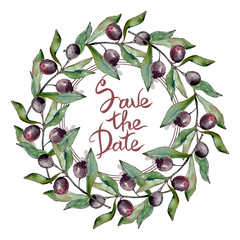 Black olives watercolor background illustration. Watercolour drawing green leaf. Frame border square. Save the Date