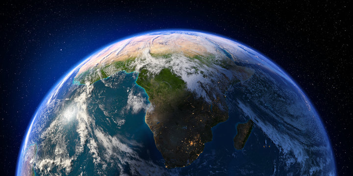 Planet Earth with detailed relief and atmosphere. Day and Night. South Africa and Madagascar. 3D rendering. Elements of this image furnished by NASA