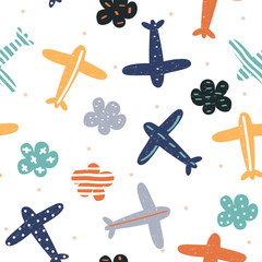 Dziecinny wzór z samolotami i chmurami. Wydrukuj słodkie dzieci. Wektor ręcznie rysowane ilustracji.