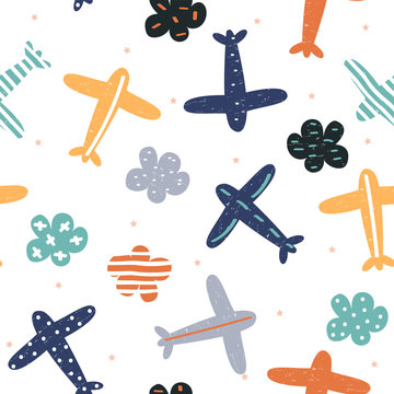 Childish seamless pattern with planes and clouds. Cute kids print. Vector hand drawn illustration.