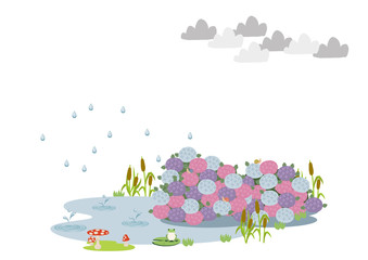  池に降る雨。 梅雨のイラスト。 水際の生物。 雨が降っている風景。 自然の景観。 梅雨の風景のイメージ。