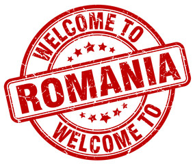 welcome to Romania red round vintage stamp