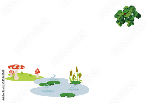 池に降る雨 梅雨のイラスト 水際の生物 雨が降っている風景 自然の景観 梅雨の風景のイメージ Wall Mural Tomoko Arakawa