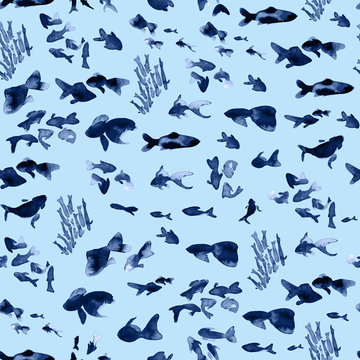 Abstract Watercolor doodle fishes painted in blue and grey watercolor on bright isolated background. Seamless pattern.