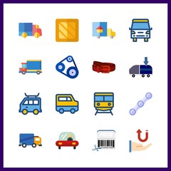 16 delivery icon. Vector illustration delivery set. truck and belt icons for delivery works