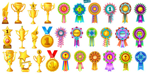Set of golden cups, medals and colorful rosettes on white background. Cartoon rewards for computer games. Isolated vector illustration.