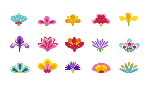 Set of cute decorative flowers isolated on white background. Design elements, icons, stickers. Vector illustration in cartoon flat style.