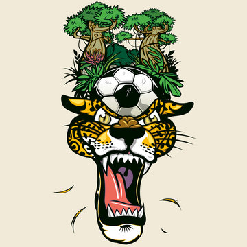 Jaguar whit a soccer ball and a forest on its head