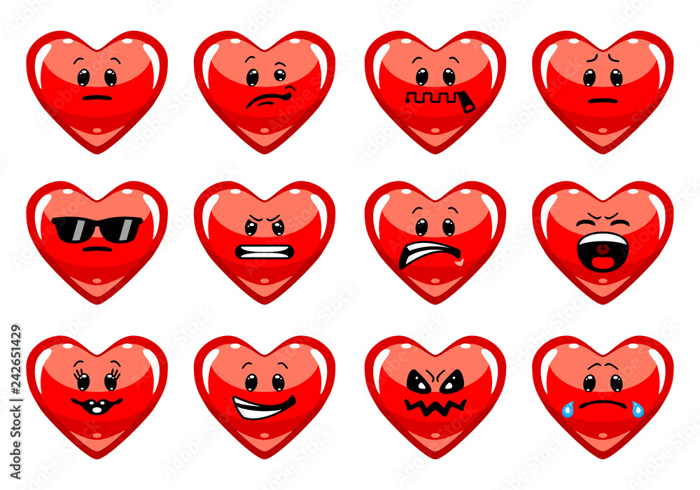 Wall mural vector set of love emoticons. collection of heart characters with different emotions in cartoon styl