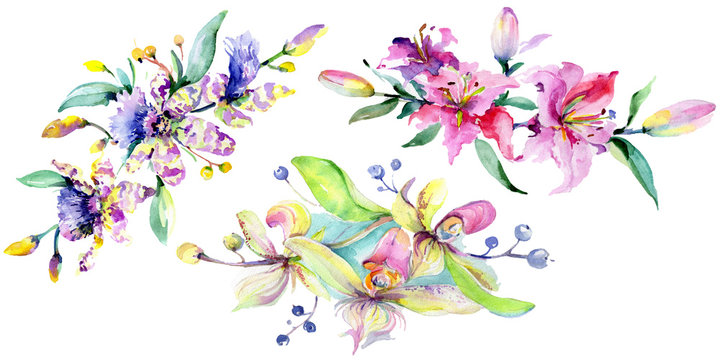 Pink and purple orchid flower. Watercolour drawing fashion aquarelle isolated. Isolated bouquet illustration element.
