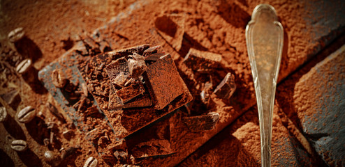 Product hero shot of chocolate on wooden desk. 