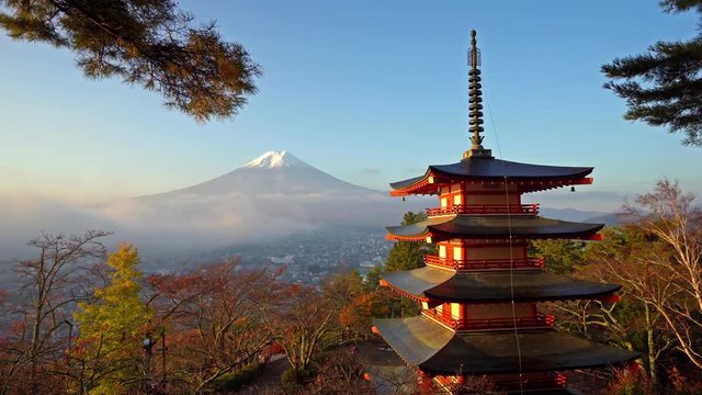 Slow pan of Chureito Pagoda framed on the right side with the backdrop of Mt. Fuji and clear blue sky
