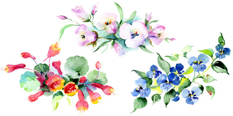 Bouquet flowers. Watercolor background set. Watercolour drawing isolated bouquet illustration element.