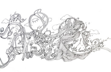 ink draw women power with plunts and fantasy botanical elements