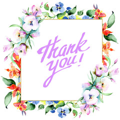 Bouquet flowers. Watercolor background illustration set. Watercolour drawing frame border ornament square.