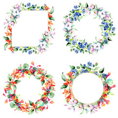 Bouquet flowers. Watercolor background illustration set. Watercolour drawing frame border ornament square.