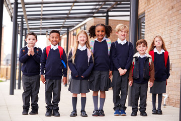 Primary school kids standing in a row on a walkway outside their school, smiling to camera, low angle