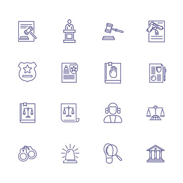 Court line icon set. Judge, courthouse, evidence. Justice concept. Can be used for topics like investigation, crime, law