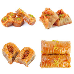 Tasty oriental sweets collage isolated on white
