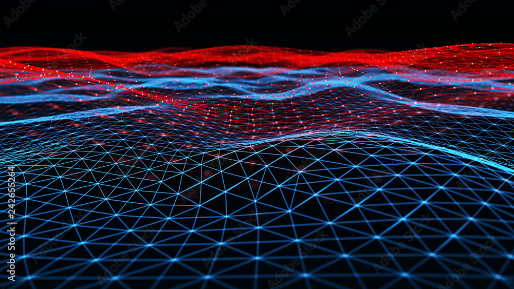 Poster Abstract digital background with cybernetic particles. Plexus geometric effect Big data with compounds. Musical wave of particles. Low poly mesh. Flow. Wave. 3D rendering.