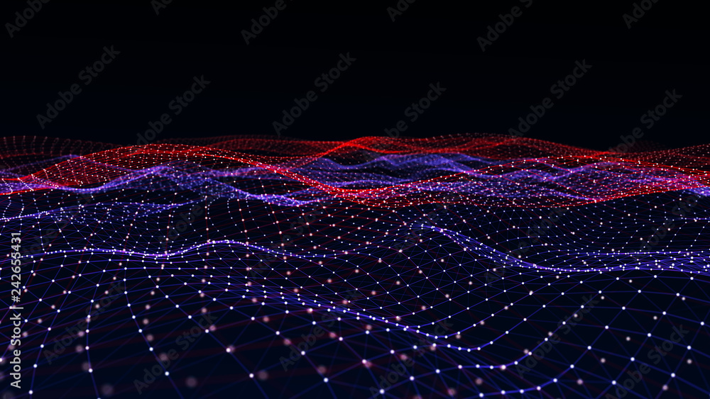 Poster Abstract digital background with cybernetic particles. Plexus geometric effect Big data with compounds. Musical wave of particles. Low poly mesh. Flow. Wave. 3D rendering.