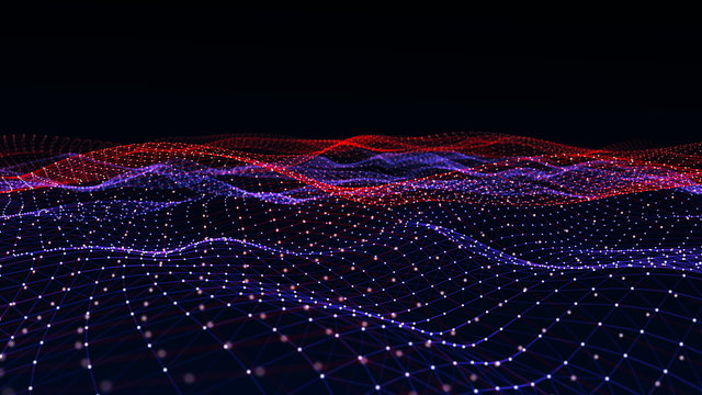 Abstract digital background with cybernetic particles. Plexus geometric effect Big data with compounds. Musical wave of particles. Low poly mesh. Flow. Wave. 3D rendering.