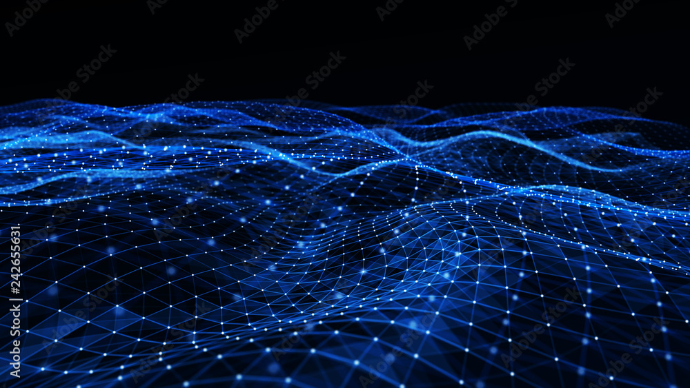 Poster Abstract digital background with cybernetic particles. Plexus geometric effect Big data with compounds. Musical wave of particles. Low poly mesh. Flow. Wave. 3D rendering.