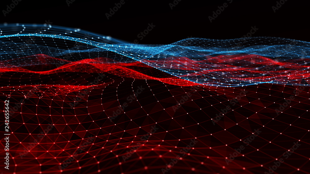 Poster Abstract digital background with cybernetic particles. Plexus geometric effect Big data with compounds. Musical wave of particles. Low poly mesh. Flow. Wave. 3D rendering.