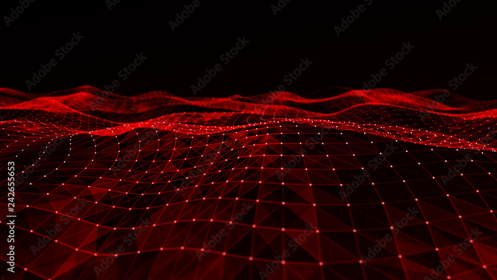 Poster Abstract digital background with cybernetic particles. Plexus geometric effect Big data with compounds. Musical wave of particles. Low poly mesh. Flow. Wave. 3D rendering.