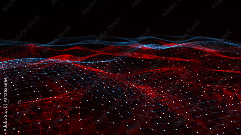 Poster Abstract digital background with cybernetic particles. Plexus geometric effect Big data with compounds. Musical wave of particles. Low poly mesh. Flow. Wave. 3D rendering.