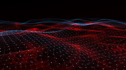 Foto op Plexiglas Fractale golven Abstracte digitale achtergrond met cybernetische deeltjes. Plexus geometrisch effect Big data met verbindingen. Muzikale golf van deeltjes. Laag poly gaas. Stromen. Golf. 3D-weergave.