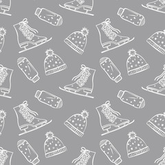 Winter Seamless Pattern. Sketch of Gloves, Hats and Skates. Hand Drawn Illustration.