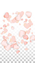 Love Hearts Confetti Falling Background. St. Valentine's Day pattern Romantic Scattered Hearts. Vector Illustration for Cards, Banners, Posters, Flyers for Wedding, Anniversary, Birthday Party, Sales.