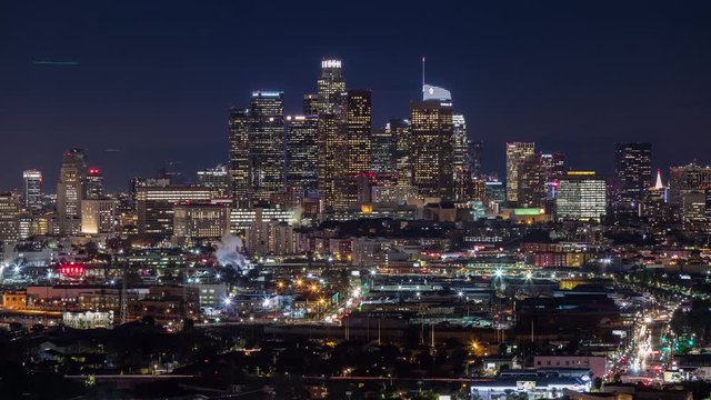 Downtown Los Angeles Skyline at Night After the Rain Timelapse