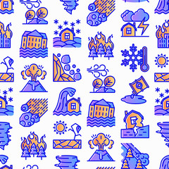 Disasters seamless pattern with thin line icons: earthquake, tsunami, tornado, hurricane, flood, landslide, drought, snowfall, eruption, thunderstorm, avalanche. Vector illustration.