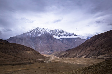 Scenic view between path on Khardung La, mountain pass in the Ladakh region of Jammu and Kashmir.