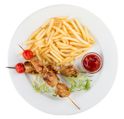 French fries with chicken skewer with red sauce. On white background